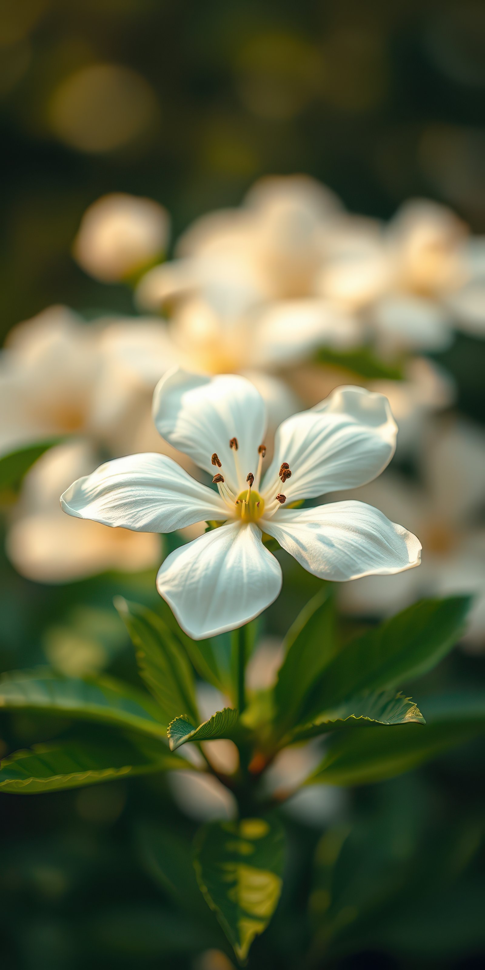 Beautiful white flower blooming among soft green leaves in a serene outdoor environment during daylight